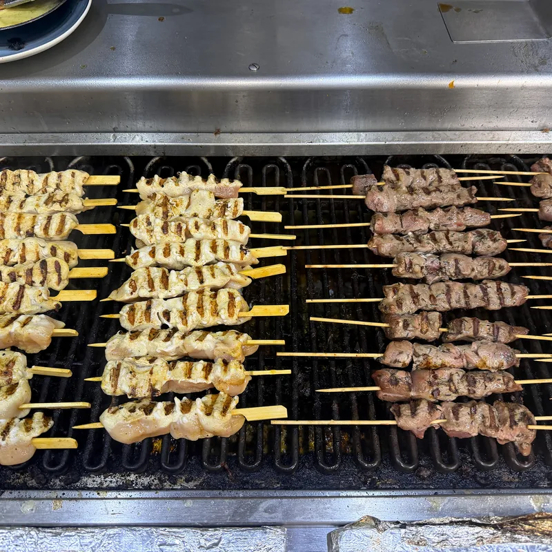 Helle und dunkle Fleischspiesse liegen nebeneinander auf dem Grill