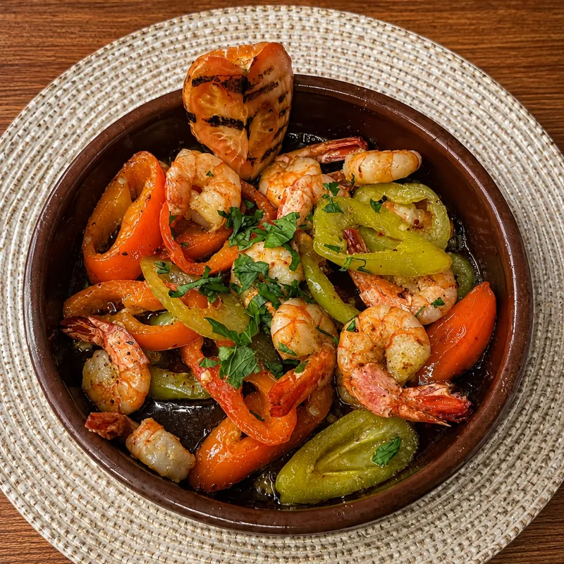 Garnelen mit Paprika und Peperoni im Tontopf, dazu geröstetes Brot