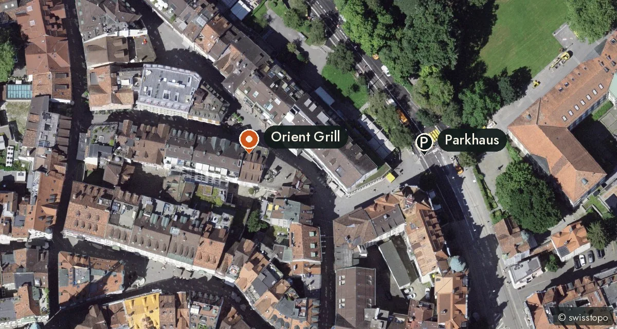 Luftbild der St. Galler Altstadt: der Orient Grill an der Brühlgasse 30 und das Parkhaus